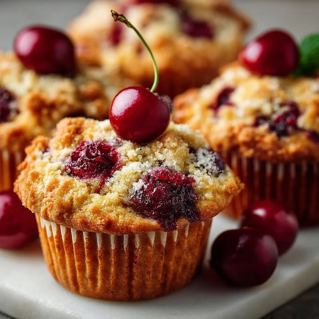 Delicious homemade Cherry Cobbler Muffins on a rustic wooden table