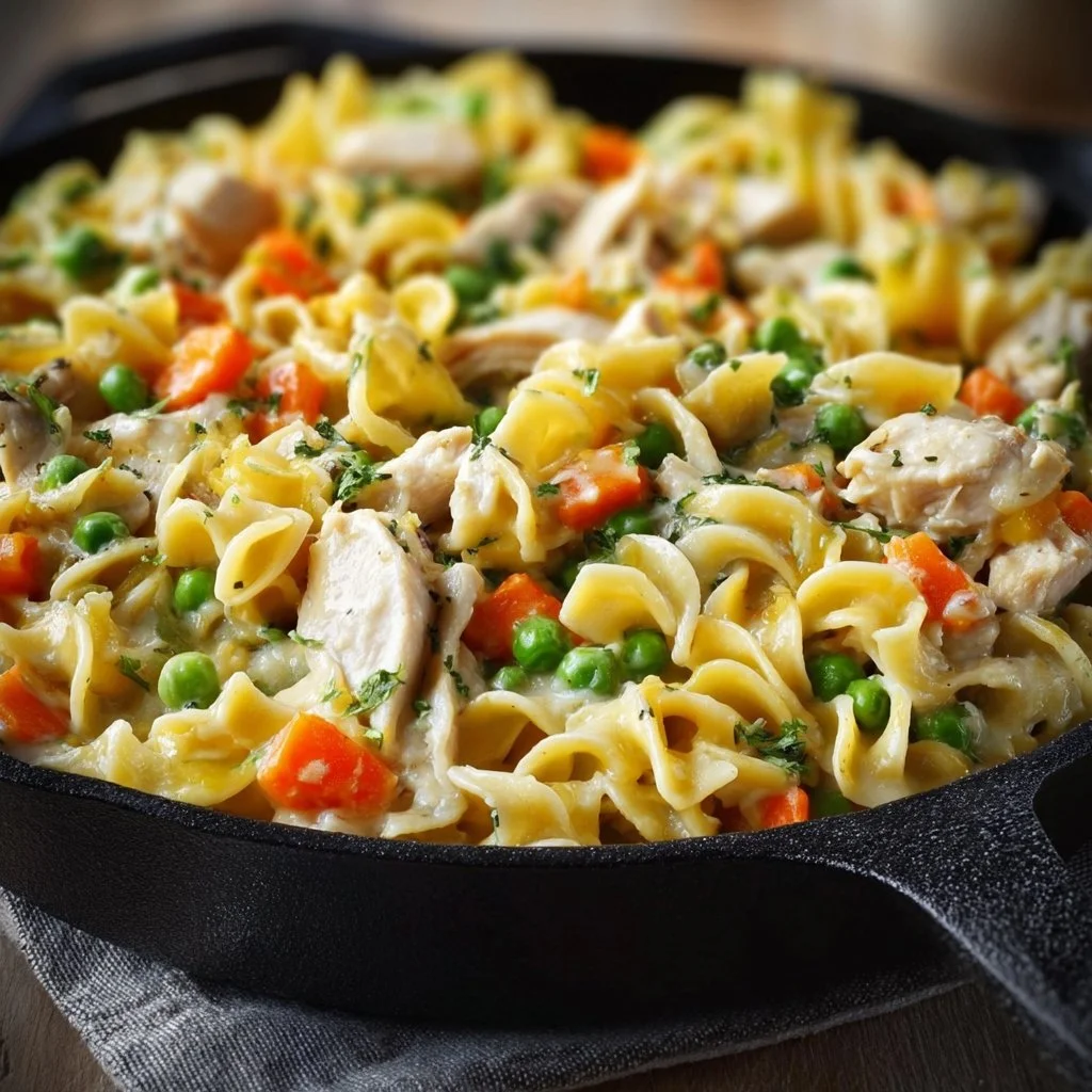 Delicious Chicken Pot Pie Noodle Skillet topped with herbs and fresh ingredients