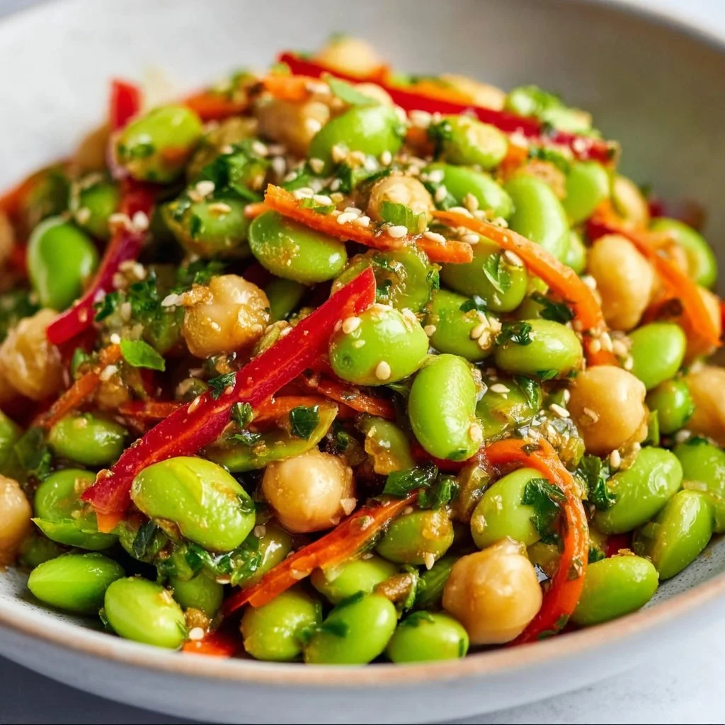 Chickpea Edamame Salad with Ginger Sesame Vinaigrette in a bowl