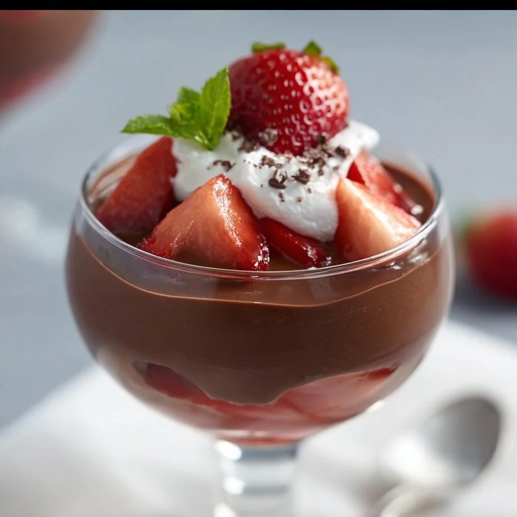 Chocolate Strawberry Parfait with layers of chocolate and strawberries in a glass