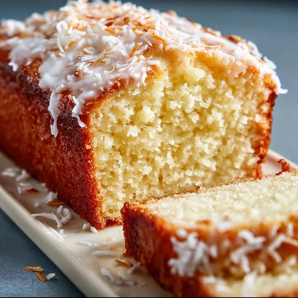 Moist and delicious coconut loaf cake topped with shredded coconut and served on a plate.