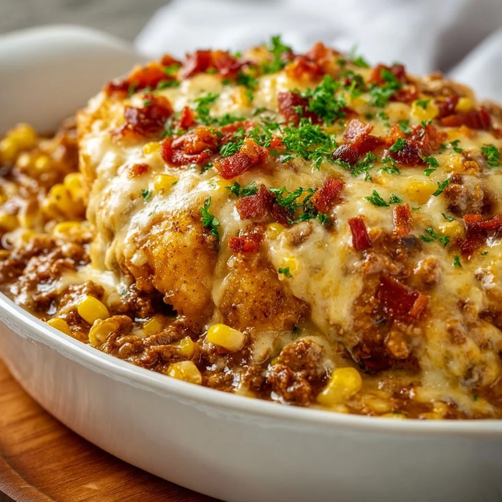 Delicious Cowboy Casserole topped with cheese and garnished