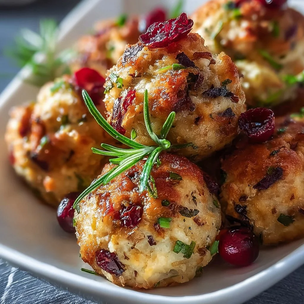 Cranberry and turkey stuffing balls on a festive table setting