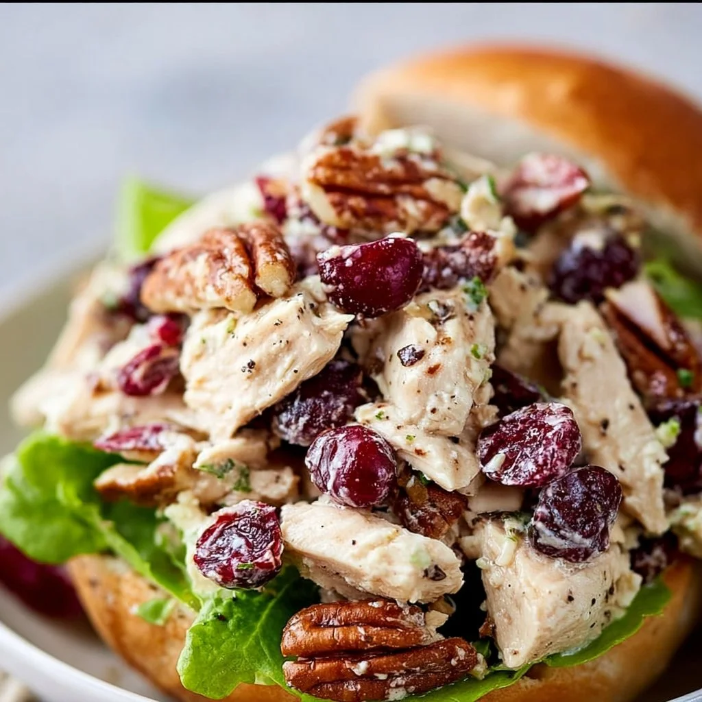 Cranberry Pecan Chicken Salad in a bowl with fresh greens and nuts