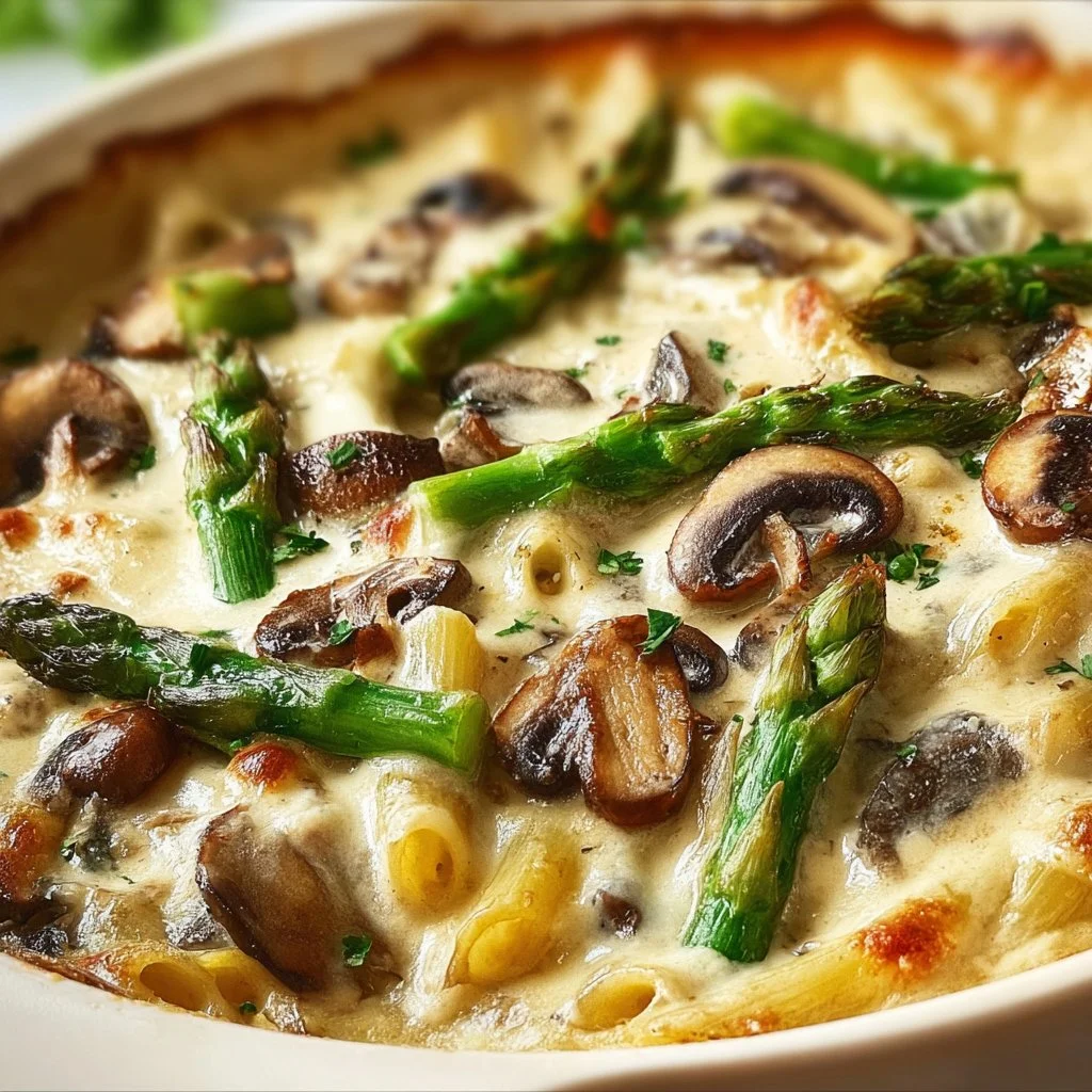 Creamy asparagus and mushroom bake served in a dish with cheese topping