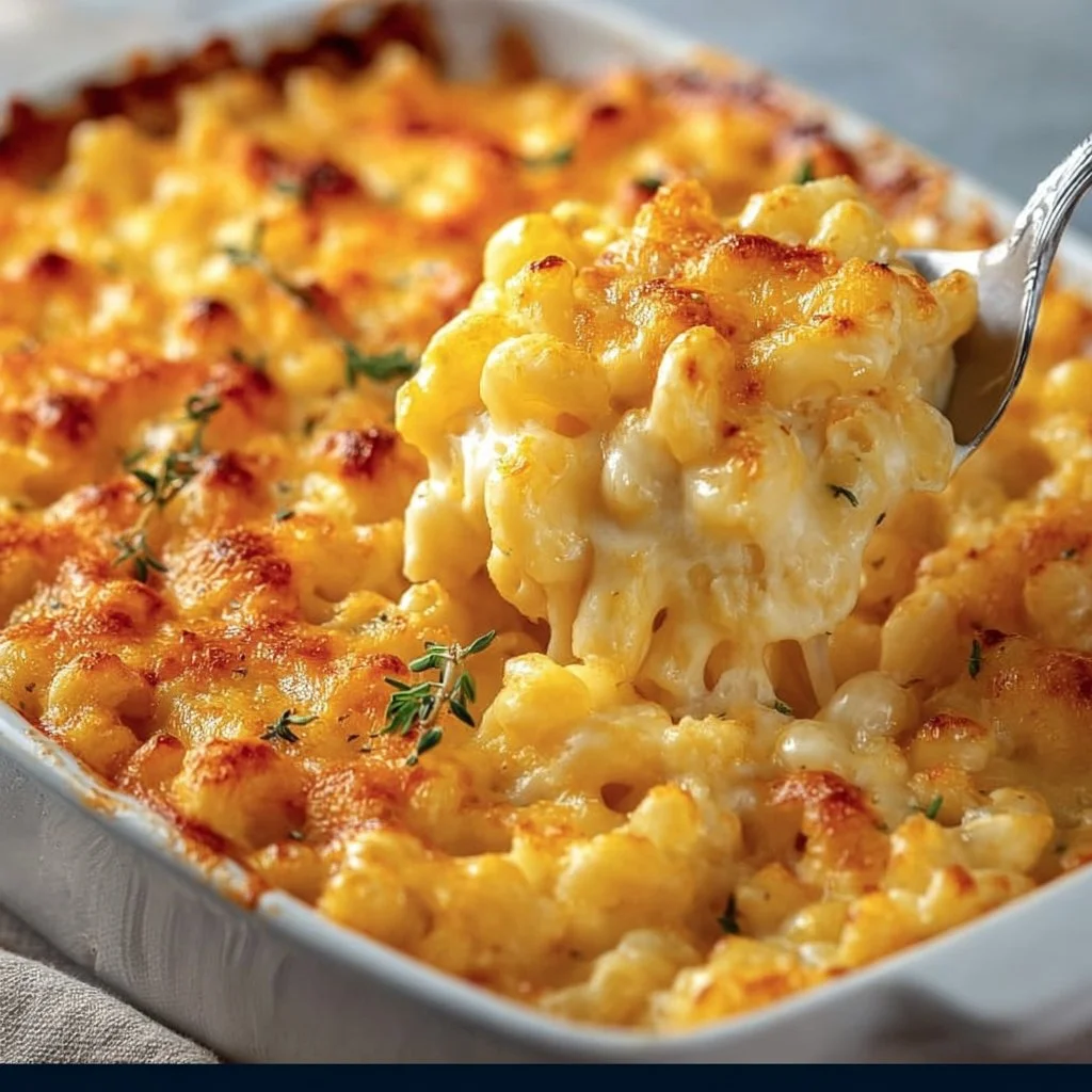 Creamy baked mac and cheese topped with golden breadcrumbs