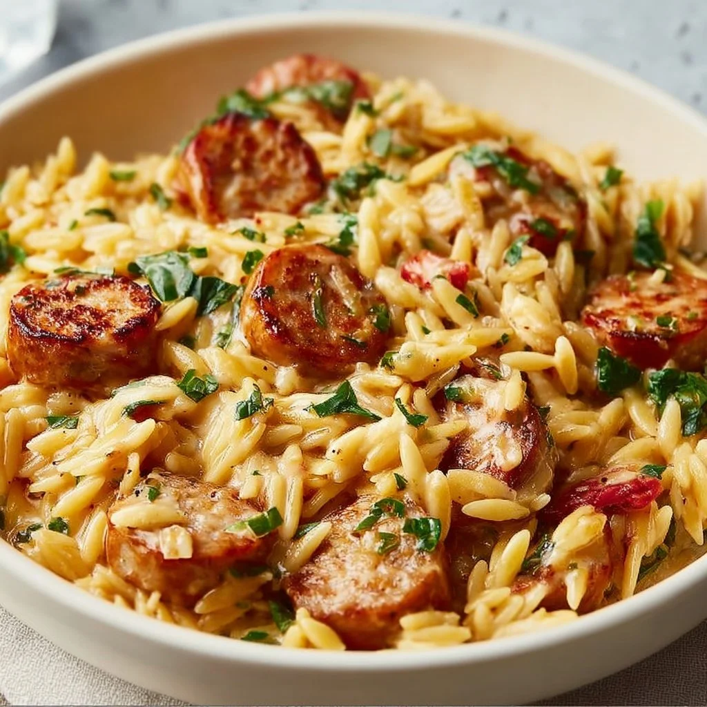 Creamy chicken sausage orzo cooked in a one-pan meal for easy cleanup.