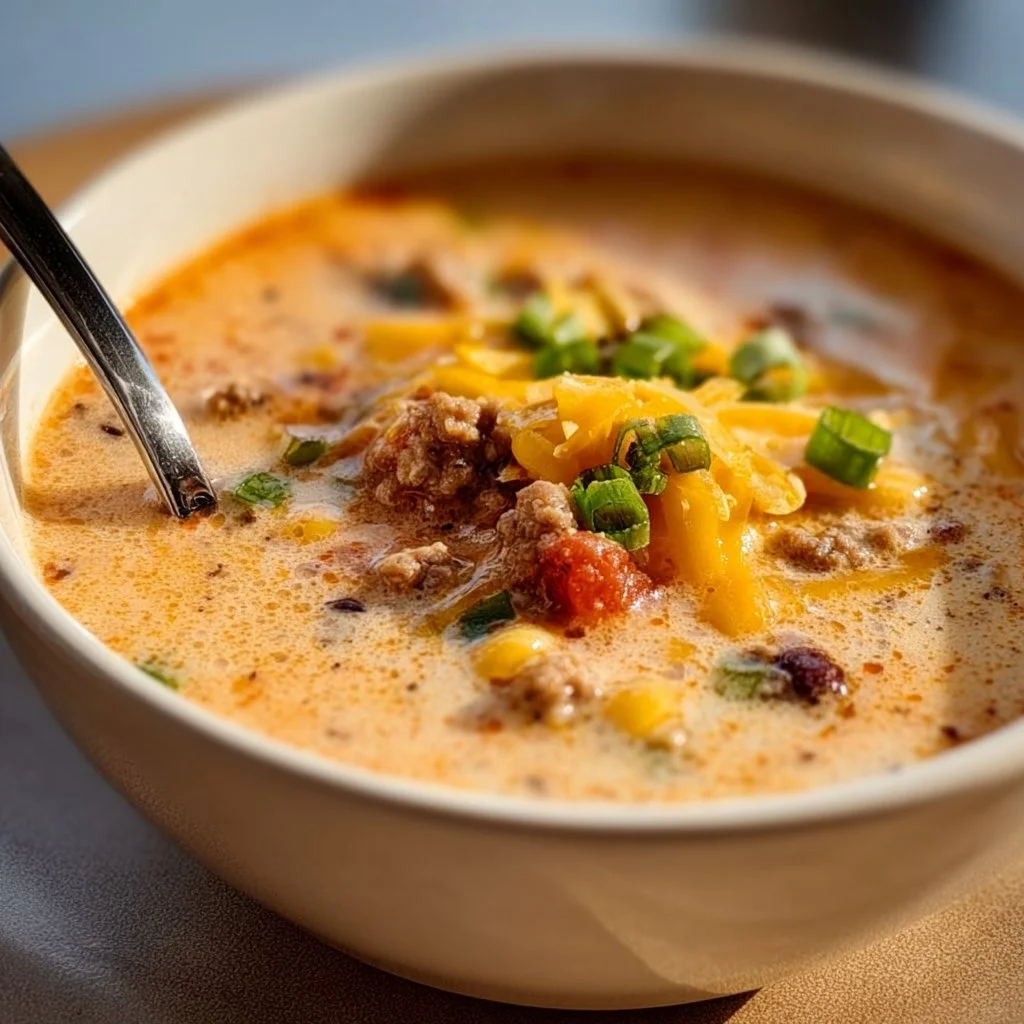Bowl of creamy cowboy soup topped with herbs and served with crusty bread.