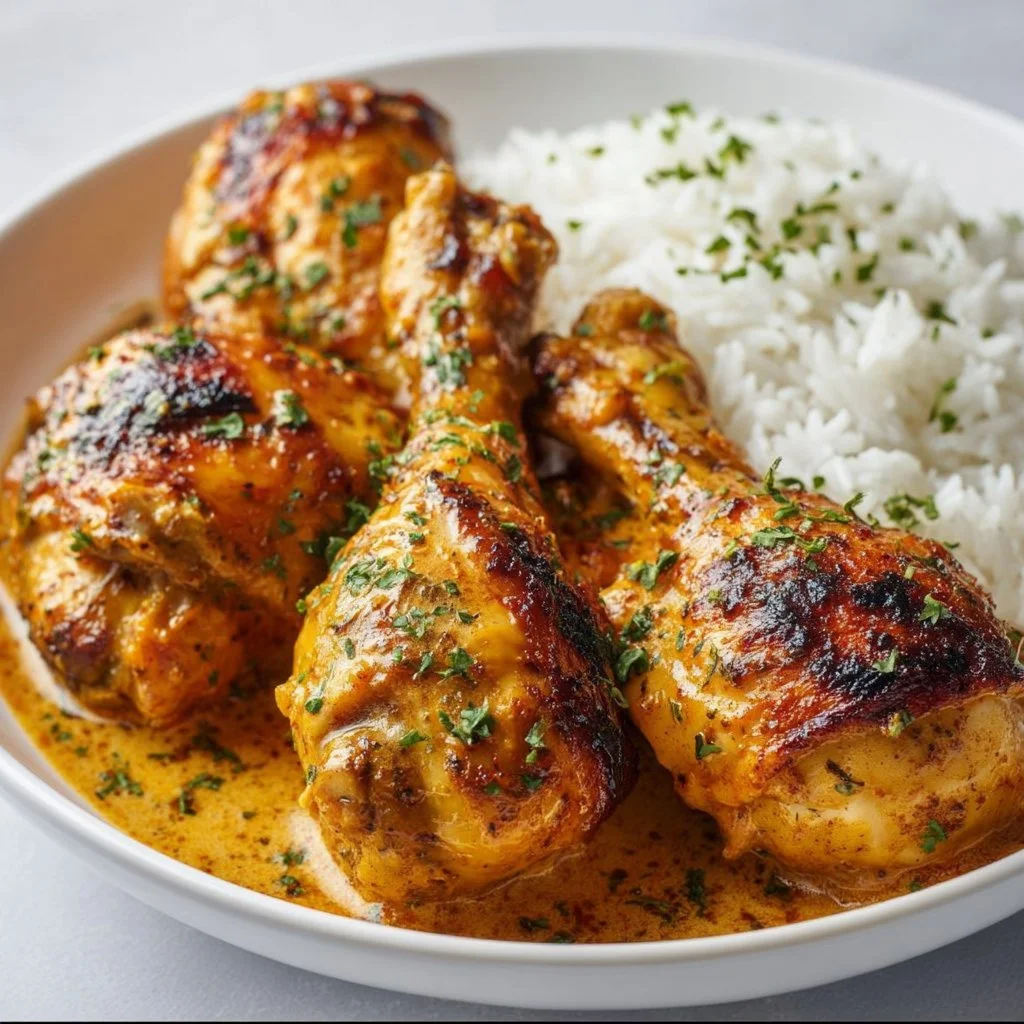 Creamy paprika chicken drumsticks plated with a side of steamed rice