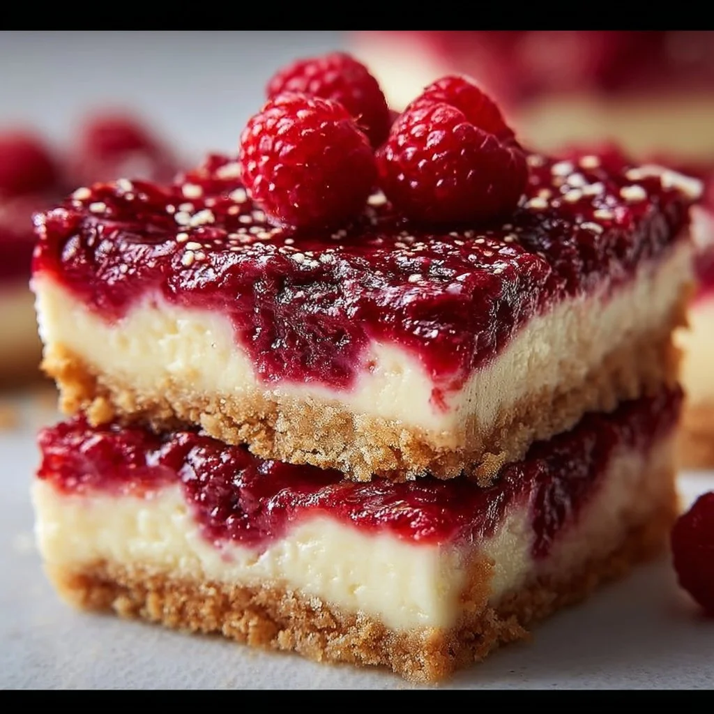 Creamy raspberry cheesecake bars freshly made from scratch with a berry topping