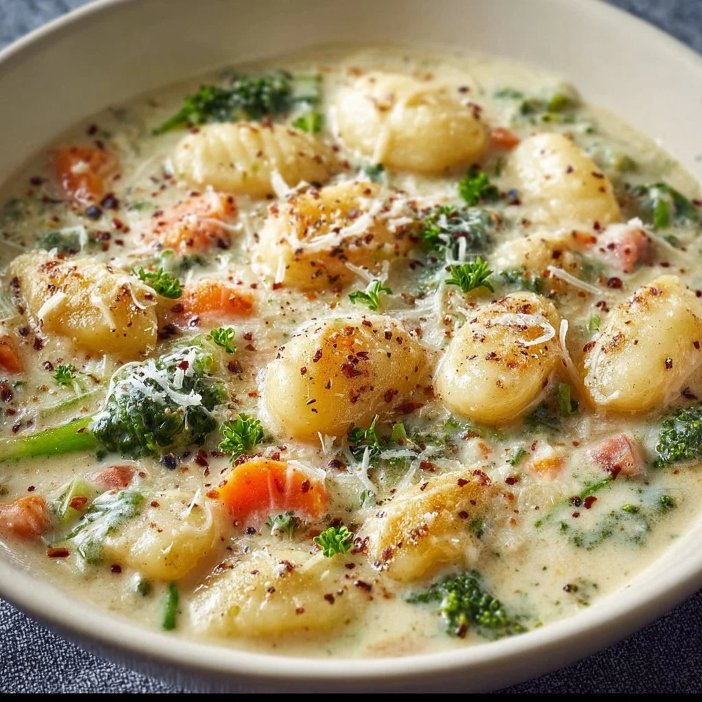 Bowl of creamy vegetarian gnocchi soup with fresh herbs and vegetables