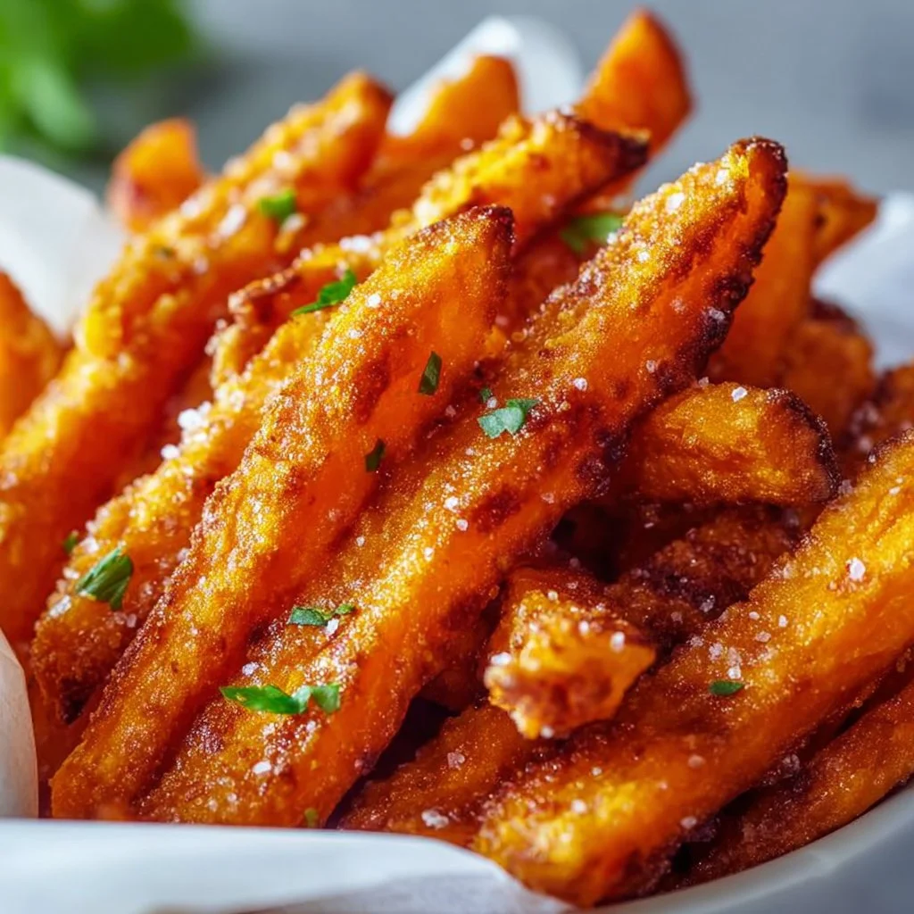 Crispy oven-baked sweet potato fries served on a plate.