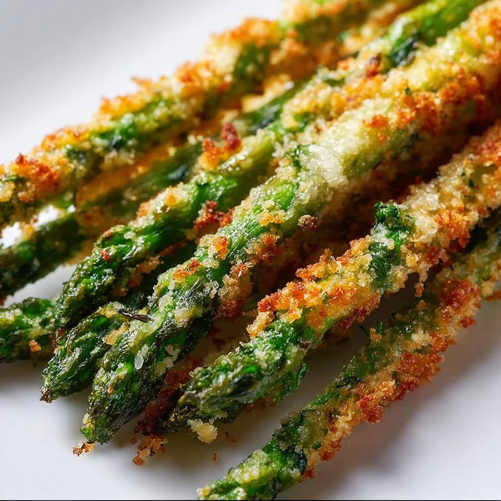 Crispy Parmesan crusted asparagus served on a plate