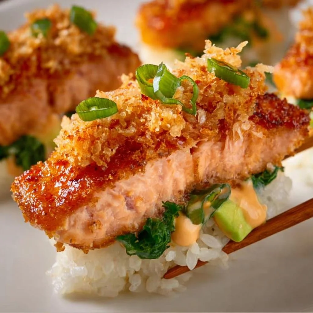 Crispy rice salmon dish beautifully garnished and served.