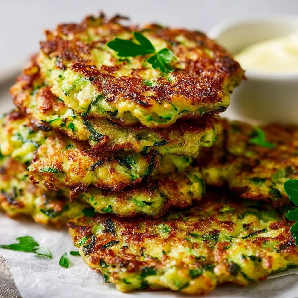 Crispy zucchini fritters served on a plate with dipping sauce.