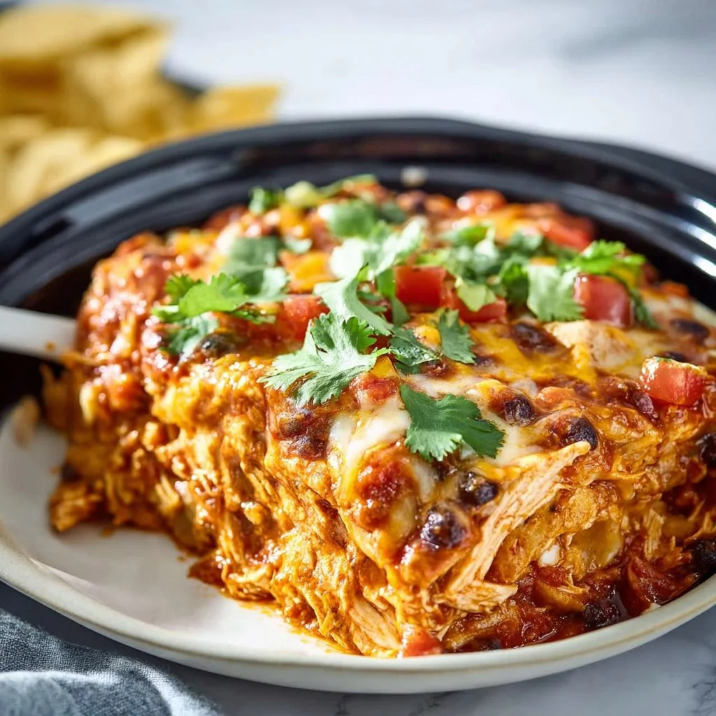 Delicious Crockpot Chicken Enchilada Casserole topped with cheese and cilantro