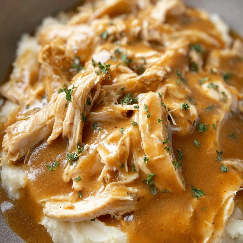 Delicious Crockpot Chicken and Gravy served with mashed potatoes