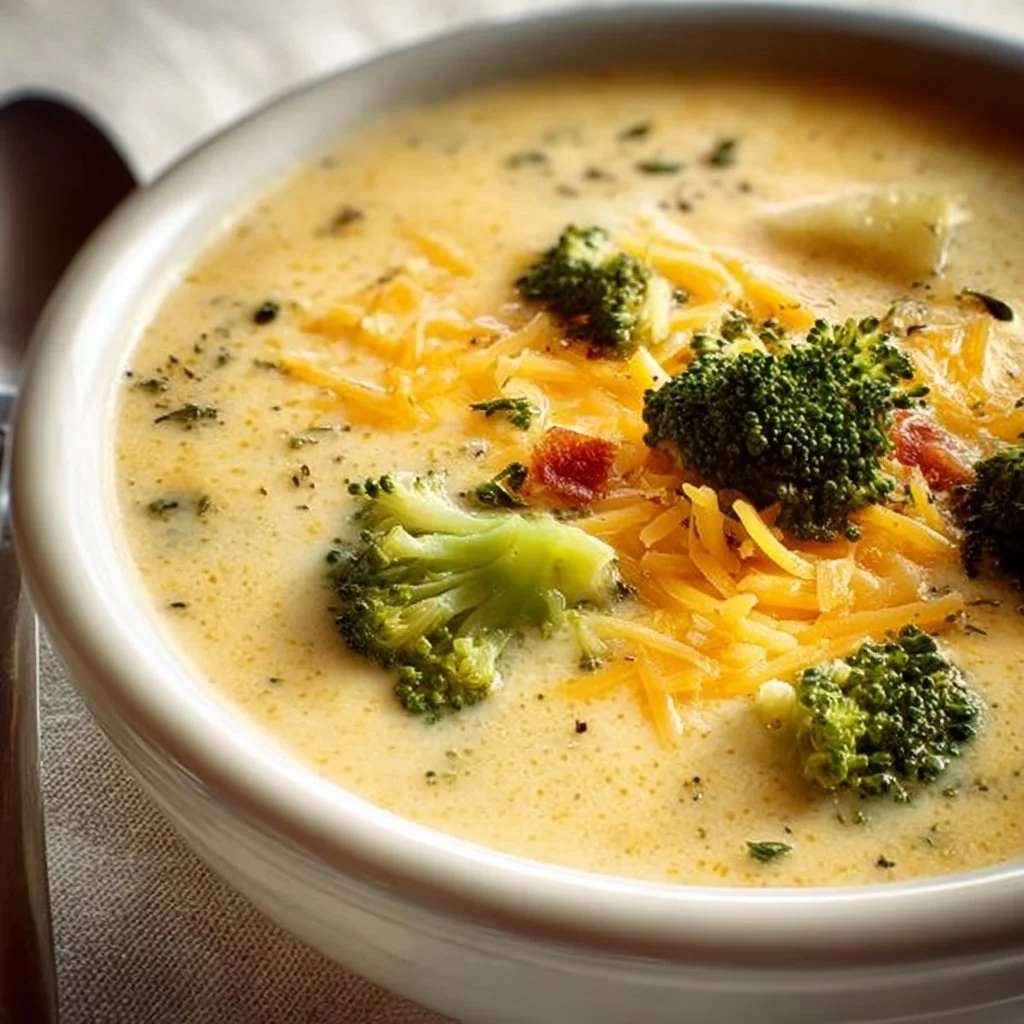 Crockpot potato broccoli cheddar soup served in a bowl with fresh herbs