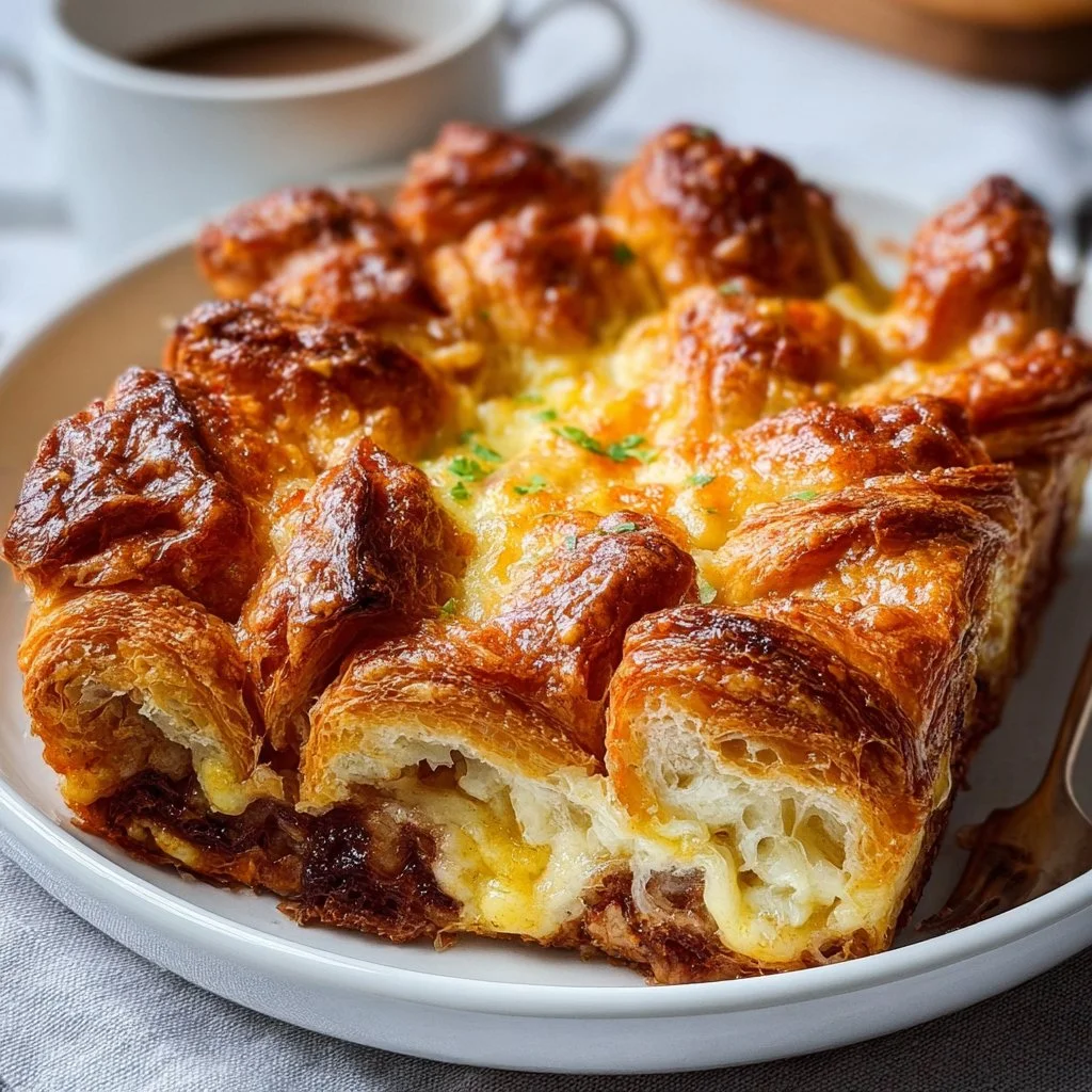 Delicious croissant breakfast casserole baked to golden perfection.