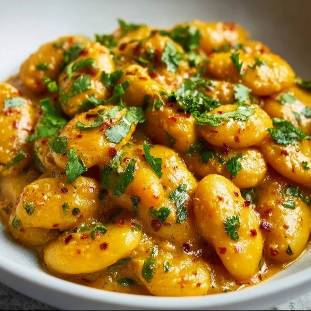 Delicious bowl of curried butter beans served with rice