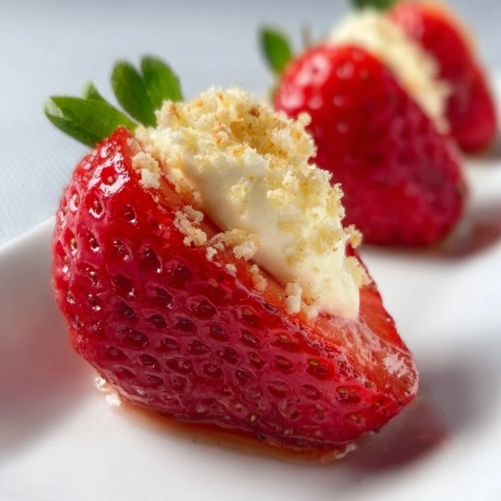 Deviled strawberries filled with cheesecake filling, garnished beautifully.