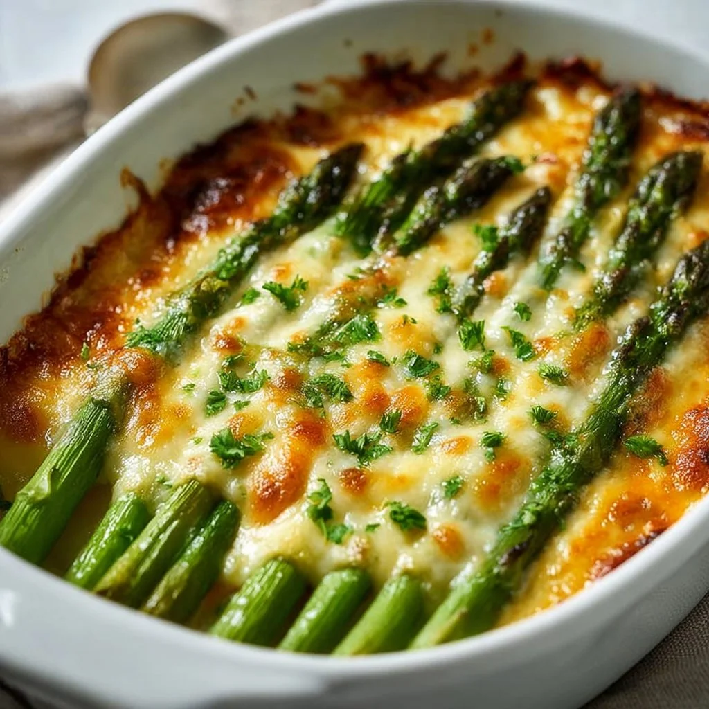 Baked asparagus topped with cheese, served as a family meal