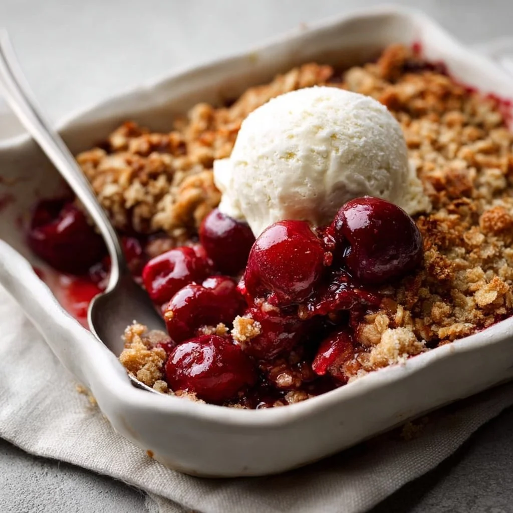 A delicious cherry crisp dessert topped with a golden crumble crust
