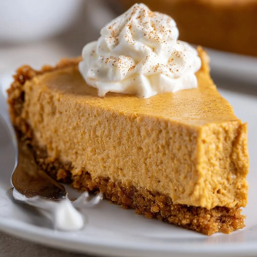 No bake pumpkin pie featuring a ginger snap cookie crust on a serving plate