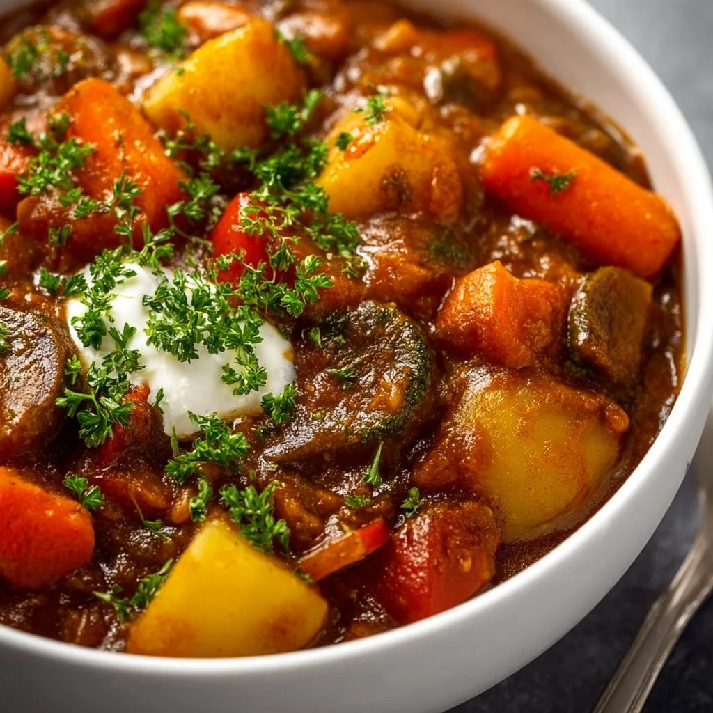 A colorful one pot vegetable stew filled with fresh vegetables and herbs.