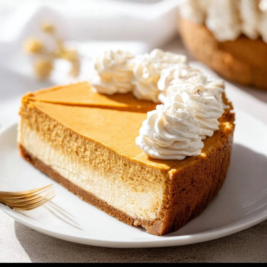 Delicious easy pumpkin pie cheesecake topped with whipped cream and spices