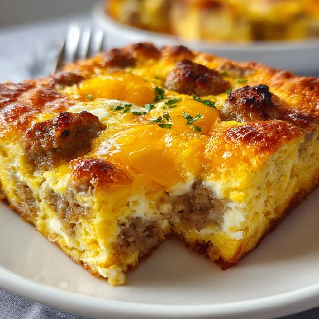 Easy sausage and egg casserole with six ingredients for a quick breakfast.