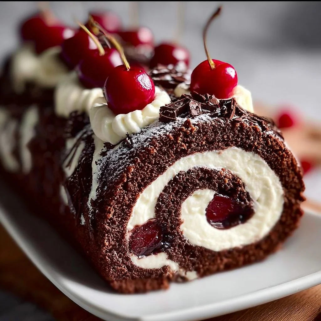 Elegant Black Forest Cake Roll topped with cherries and whipped cream