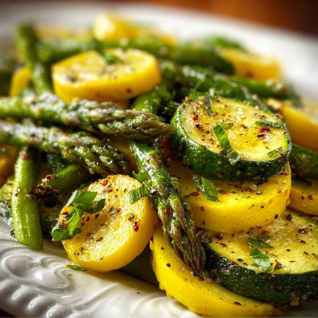 Flavorful dish of asparagus, zucchini, and squash cooked together on a plate