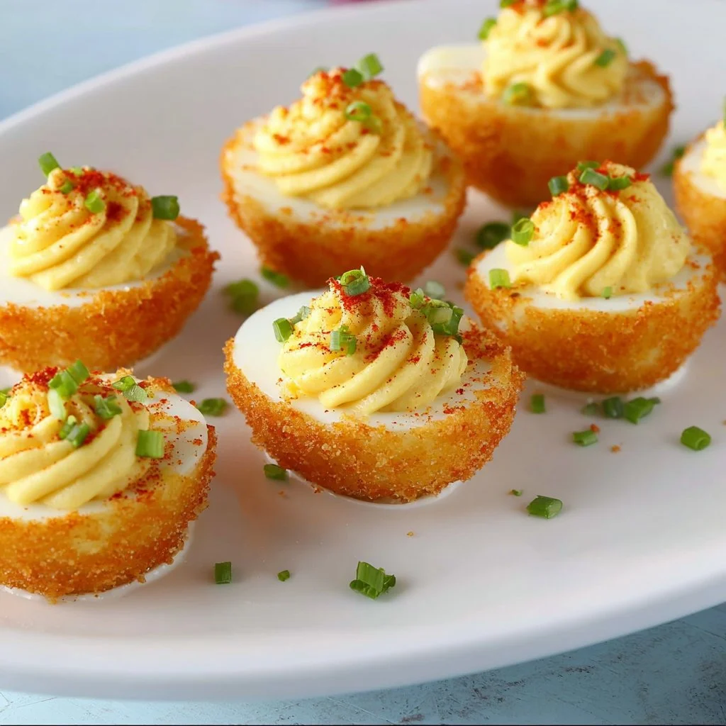 Delicious fried deviled eggs served on a platter
