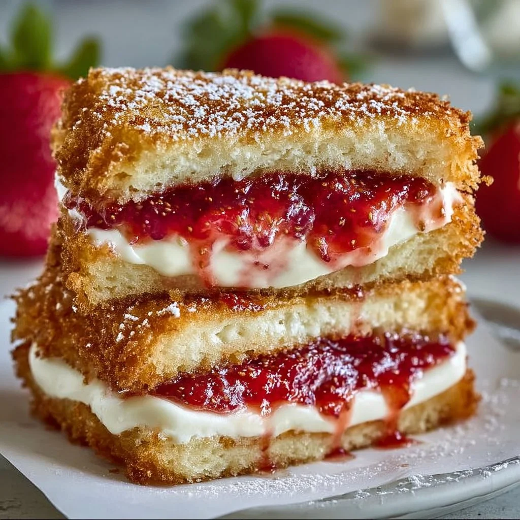 Fried strawberry cheesecake sandwiches served with a side of fresh strawberries