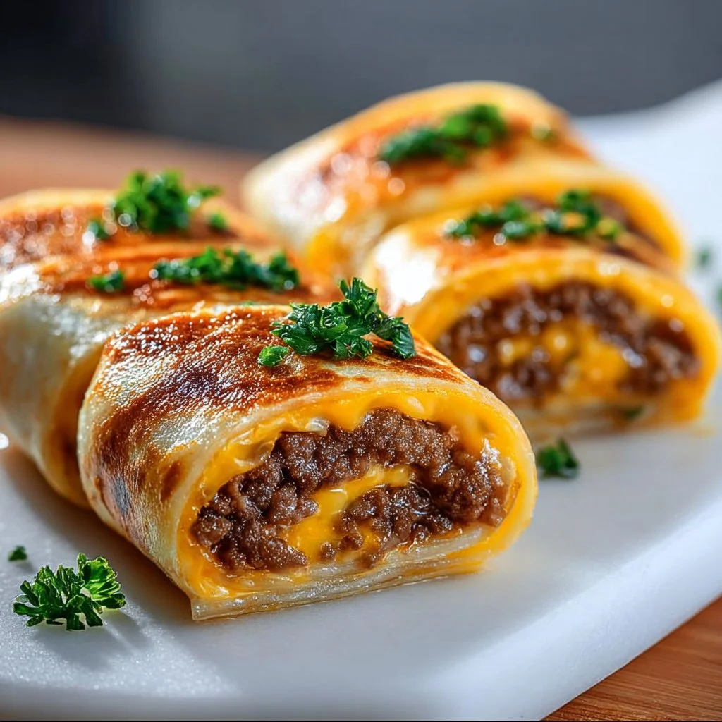 Garlic butter beef cheeseburger rollups served on a platter