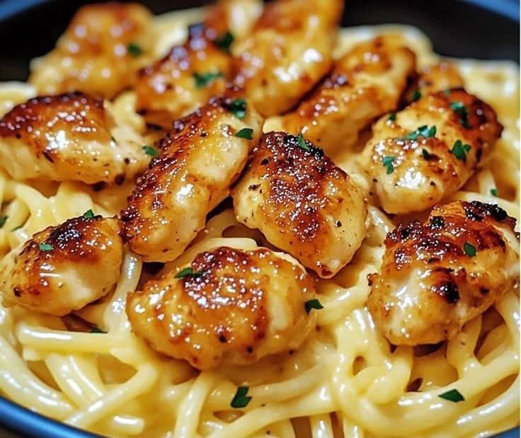 Garlic Butter Chicken Bites served with Savory Creamy Parmesan Pasta