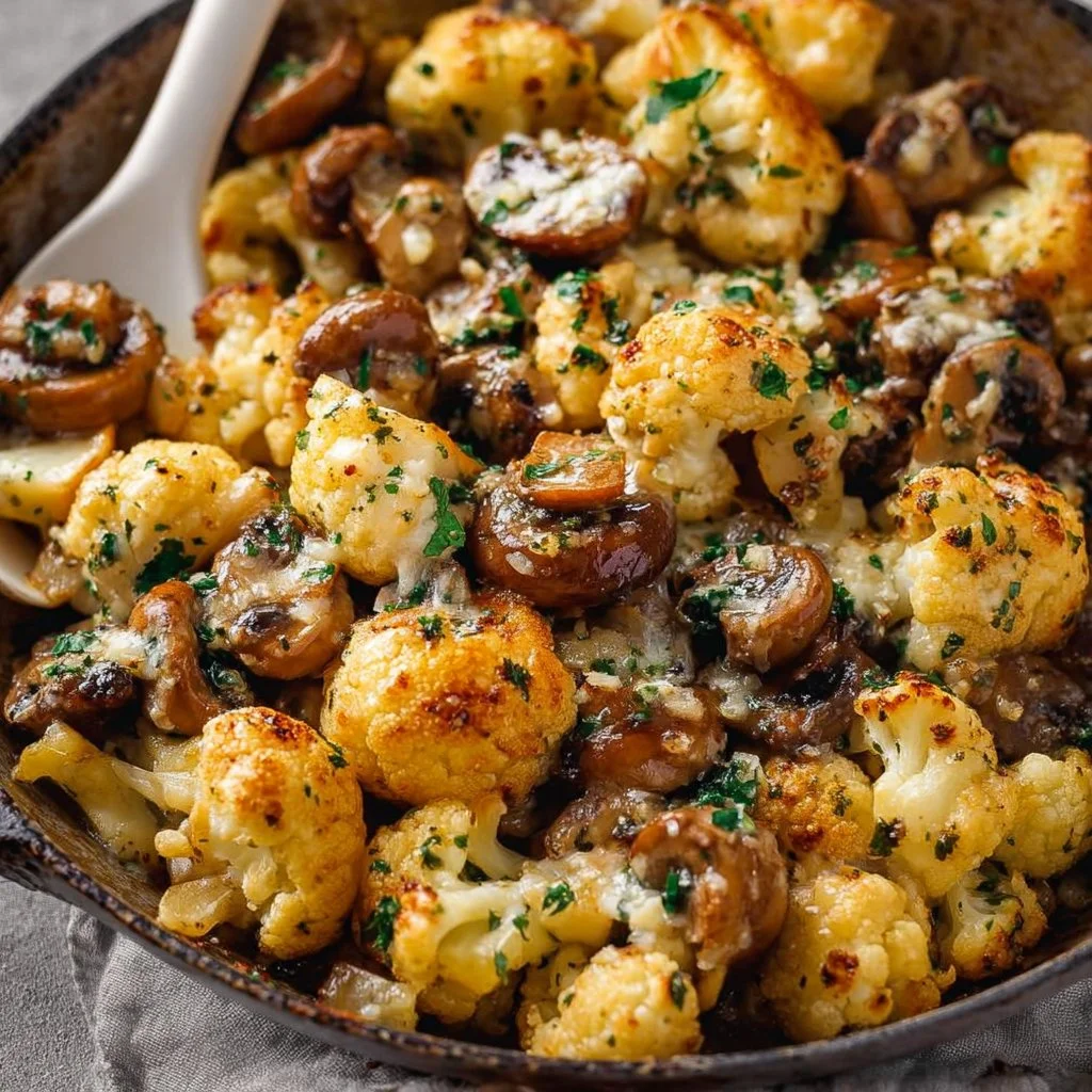 Sautéed garlic butter mushrooms and cauliflower in a skillet