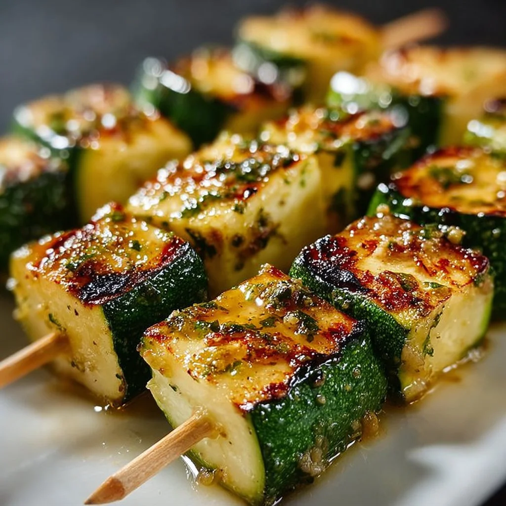 Garlic butter zucchini skewers grilled to perfection, garnished with herbs.