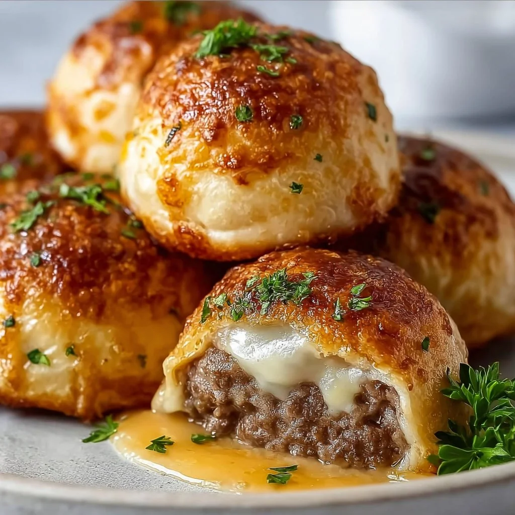 Garlic Parmesan Cheeseburger Bombs made with dough and ground beef