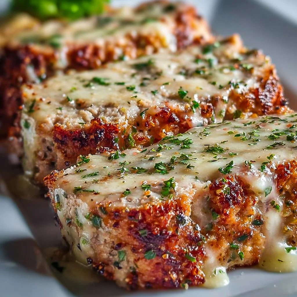 Homemade Garlic Parmesan Chicken Meatloaf plated with herbs and vegetables