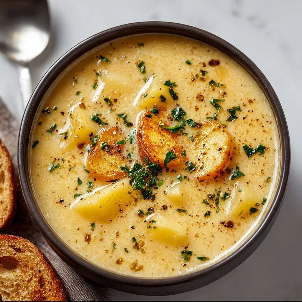 Bowl of creamy garlic potato soup topped with herbs and croutons