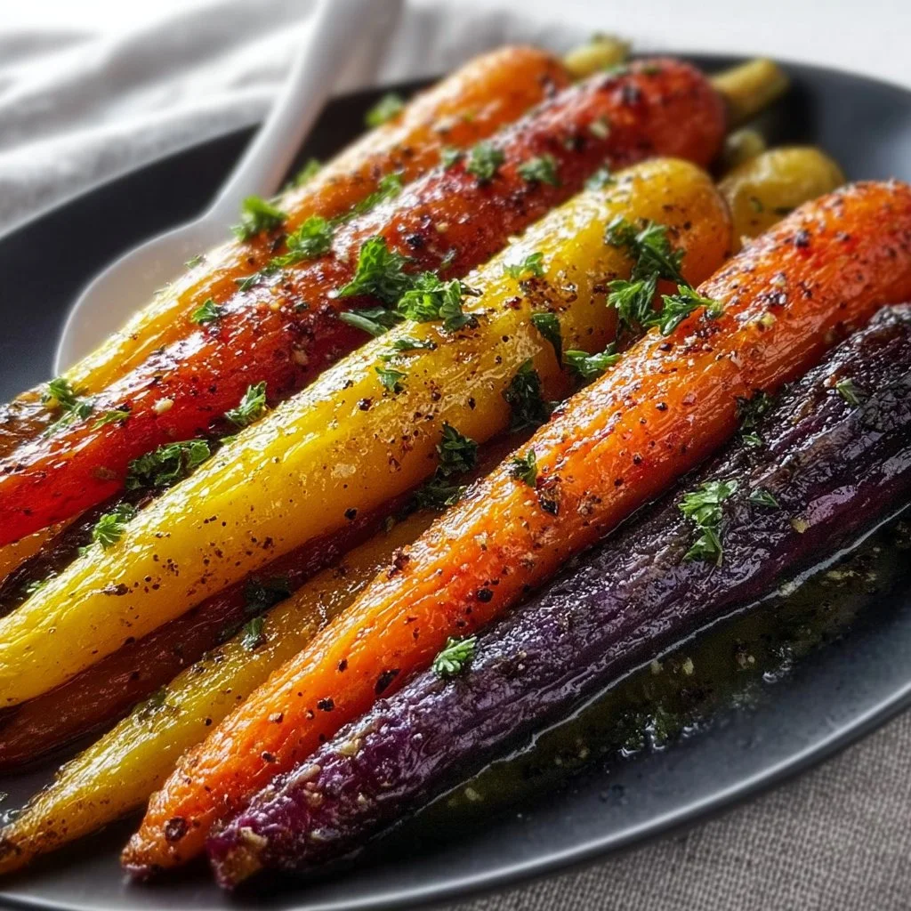 Plate of garlic roasted rainbow carrots with herbs and spices