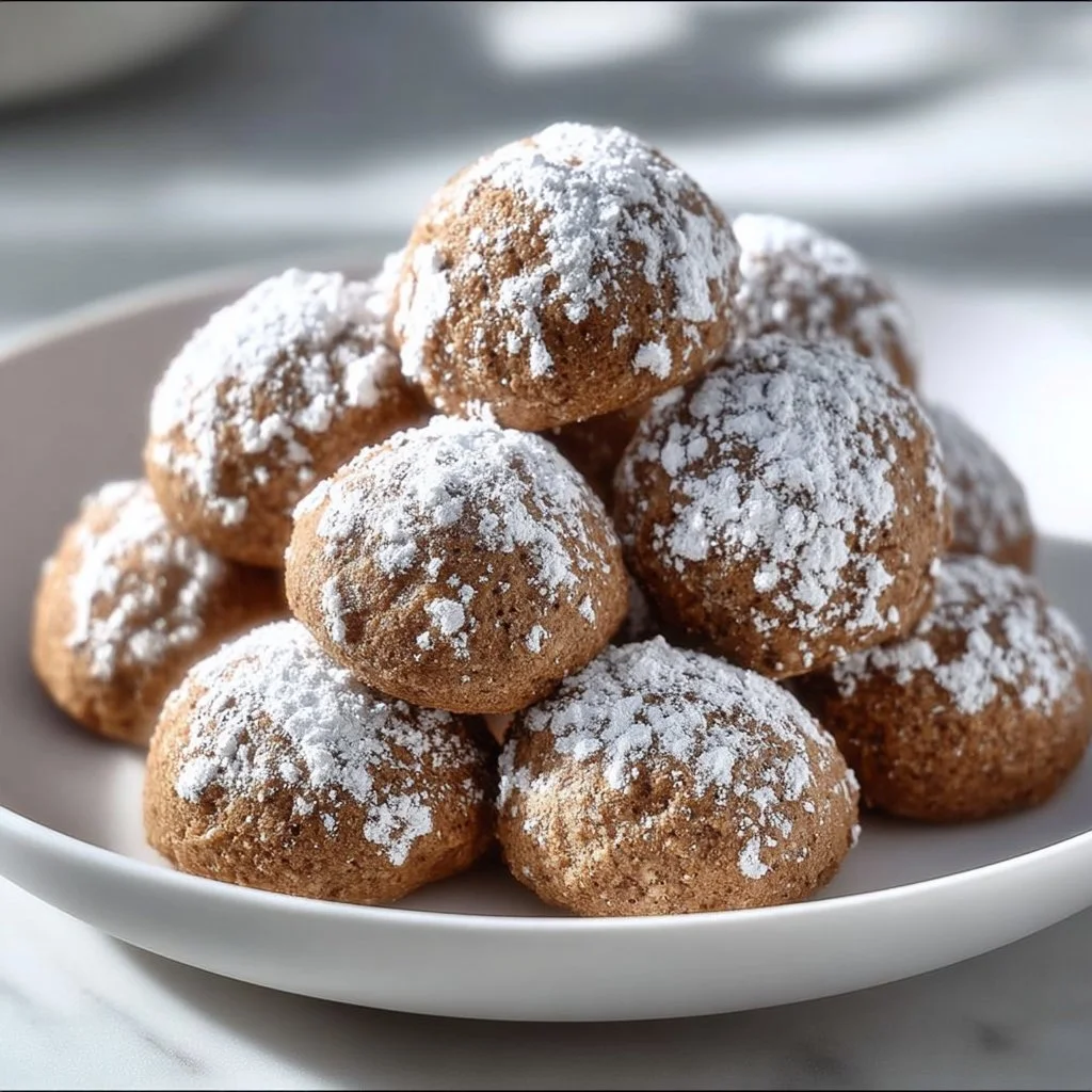 Delicious Gingerbread Snowball Cookies dusted with powdered sugar on a plate.