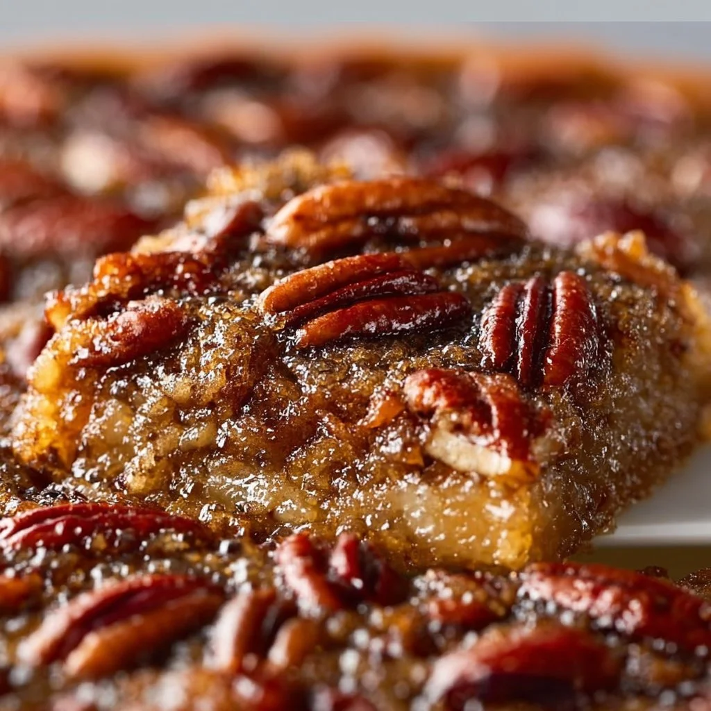 Gooey Pecan Pie Dump Cake topped with pecans and caramel