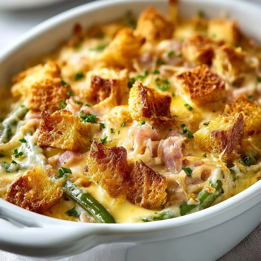 Delicious green bean casserole topped with crispy onions and creamy sauce