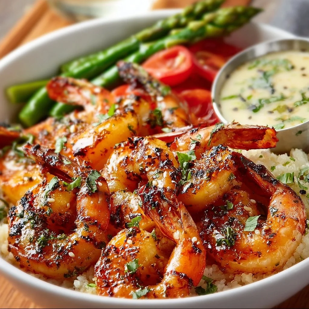 Grilled shrimp bowl featuring fresh grilled shrimp, veggies, and rice.