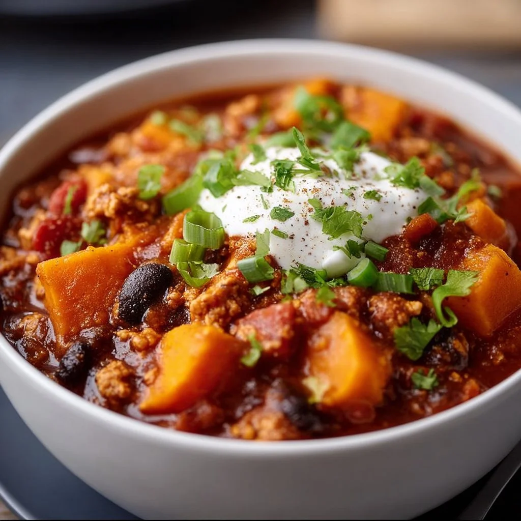 Bowl of healthy turkey sweet potato chili topped with cilantro and avocado