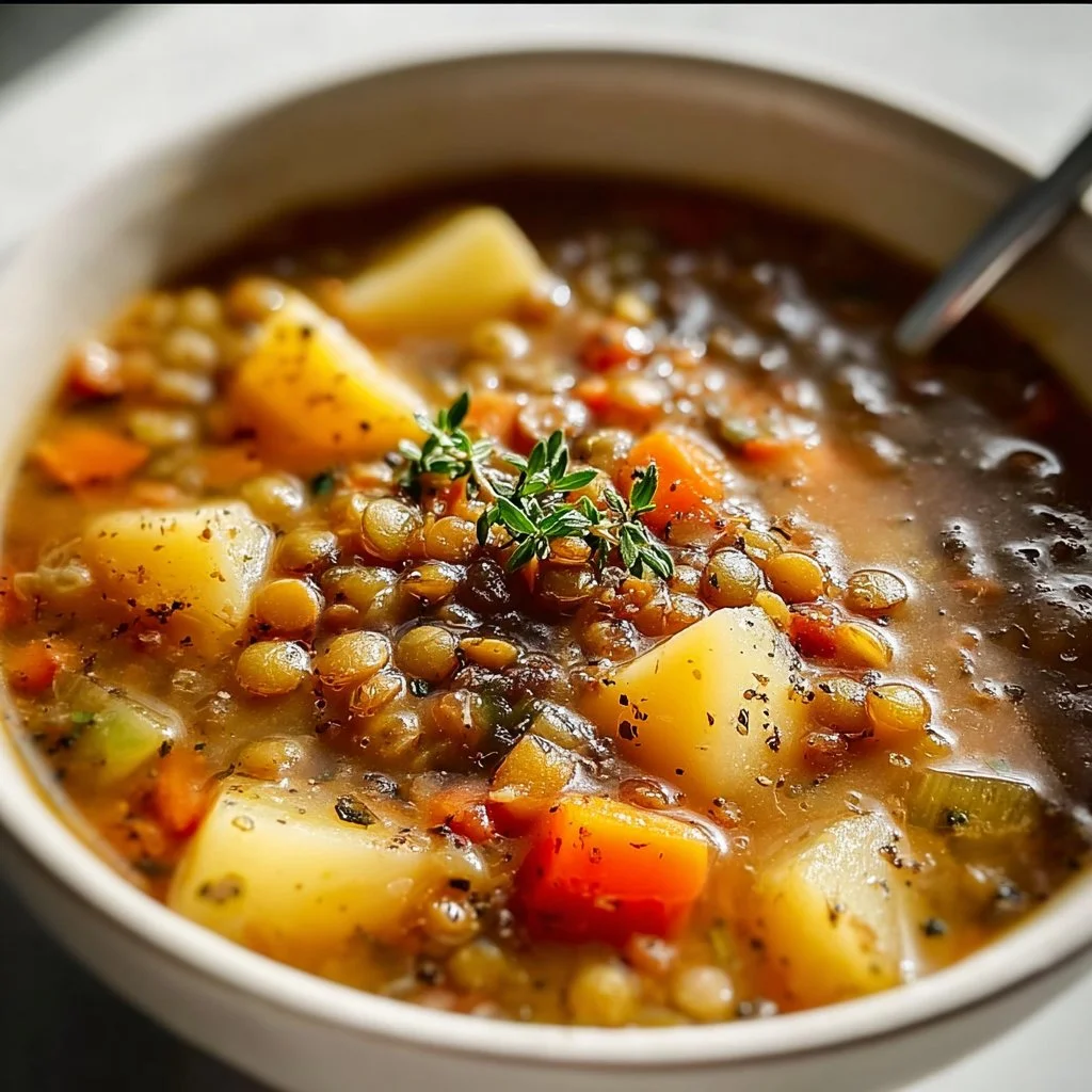 Bowl of hearty lentil and potato soup garnished with fresh herbs