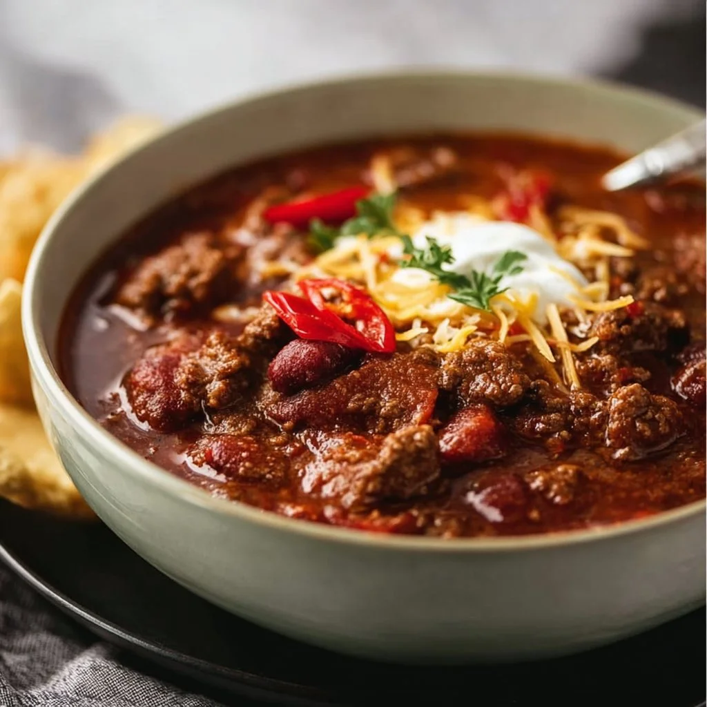 Delicious bowl of hearty venison chili topped with fresh herbs and cheese.
